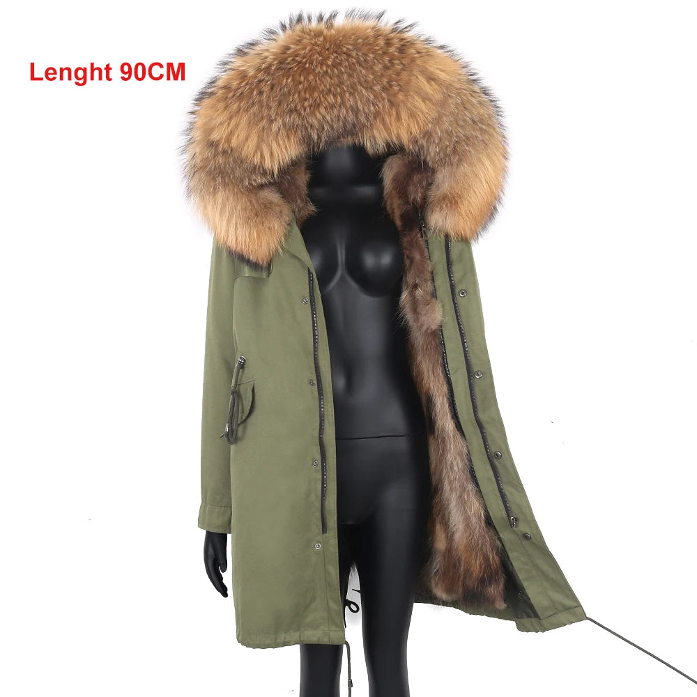 2024 New Winter Jacket Women X-Long Parka Waterproof Big Natural Raccoon Fur Collar Hood Real Fur Coat Thick Warm Real Fox Fur