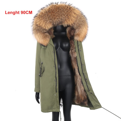 2024 New Winter Jacket Women X-Long Parka Waterproof Big Natural Raccoon Fur Collar Hood Real Fur Coat Thick Warm Real Fox Fur