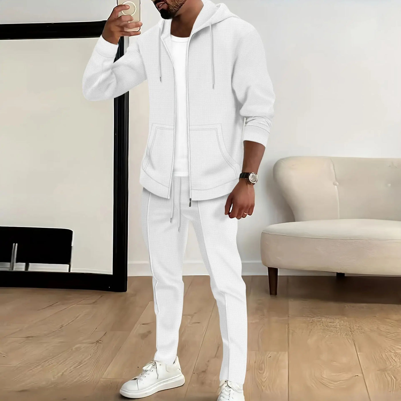 Fall Men's Solid Color Suit - Fashionable Trendy Waffle Hooded Pockets Pullover - Casual Zip Jacket - Long Sleeve Pants Set