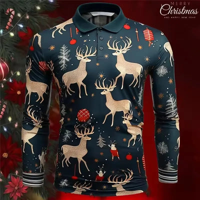 New Men's Christmas Printed Polos Autumn Long Sleeve Button Casual Shirt Festive Holiday Wear Classic Polo Neck Design Polos
