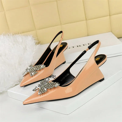 New Wedges Patent Leather Shallow Pointed Toe High Heels Sandals Hollow Back Straps Metal Crystal Bow Ladies Single Shoes
