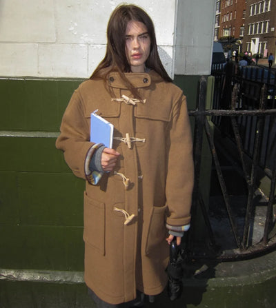 Smoothmo*dbaby Thiened Woolen Coat with Horn Buttons And Hood Retro Sle Commute Faion Women's Outerwear