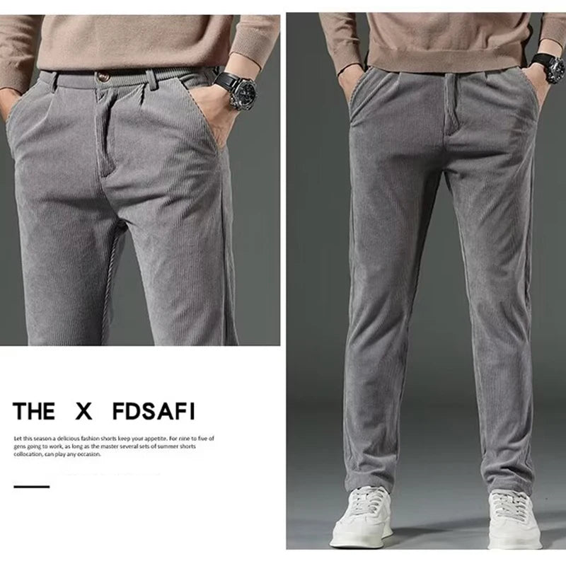 High Quality Brand Men's Corduroy Thicken Pants Fashion Khaki Narrow Leg Casual Pants Thermal Plush Trousers  Autumn Winter Male