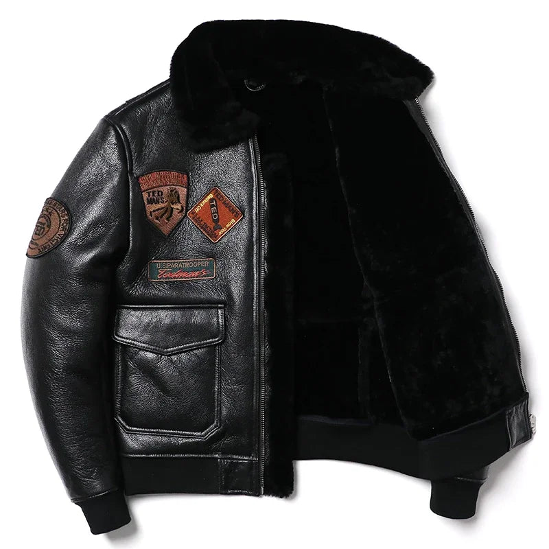 New Air Force Black Shearling Wool Fur Sheepskin Leather Jacket Men Genuine Leather Coat Warm Winter Clothing Motorcycle Jackets