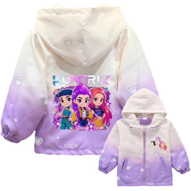 KPop Demon Hunters Girls Hood Jacket Kids Windbreak Coat Outdoor Casual Waterproof Jackets Zip Up Coat Movie Anime Outerwear