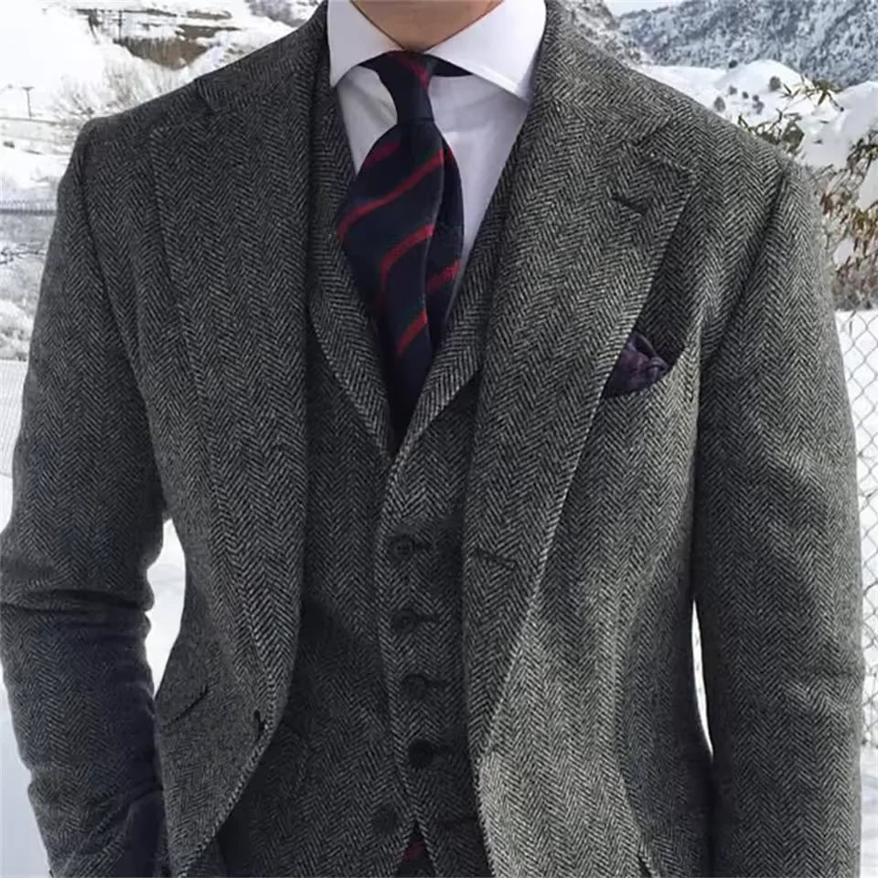 New Wool Tweed Winter Men Suit's For Wedding Formal Groom Tuxedo Herringbone Male Fashion 3 Piece Suit (Jacket + Vest + Pants)