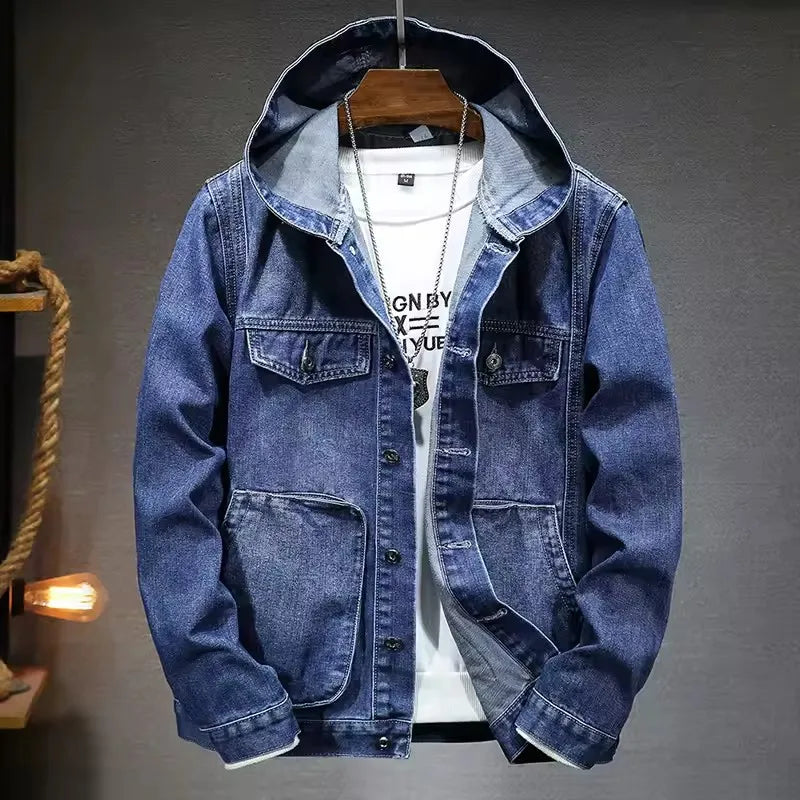New men's hooded denim jacket Spring and Autumn New Style Trendy street casual regular men's denim tops