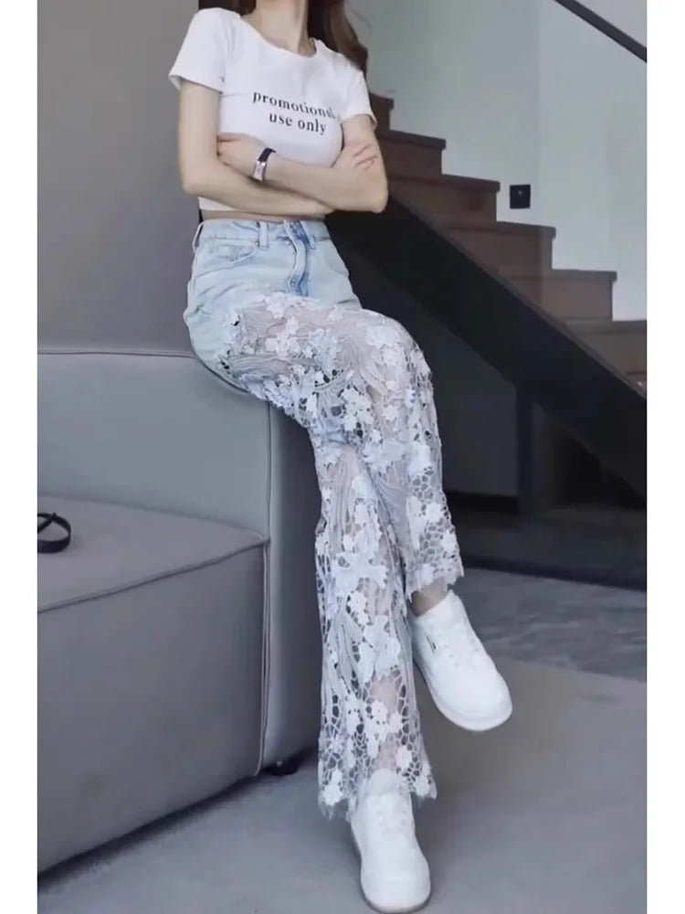 Large Size Women's Summer 2025 New High Waist Versatile Loose Fashion Wide-leg Pants Personalized Hollow Light Blue Ripped Jeans