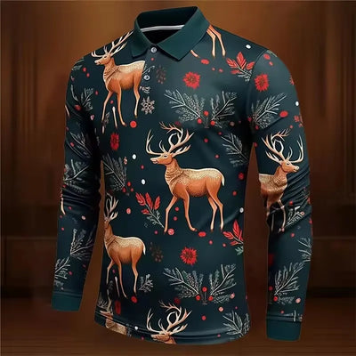 New Men's Christmas Printed Polos Autumn Long Sleeve Button Casual Shirt Festive Holiday Wear Classic Polo Neck Design Polos