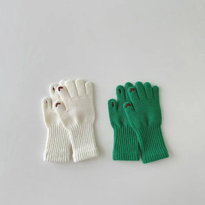 Winter Warm Children Long Gloves Solid Woolen Five Finger Glove Embroidered Love Kintted Mittens 4-8year Kids Touchscreen Gloves