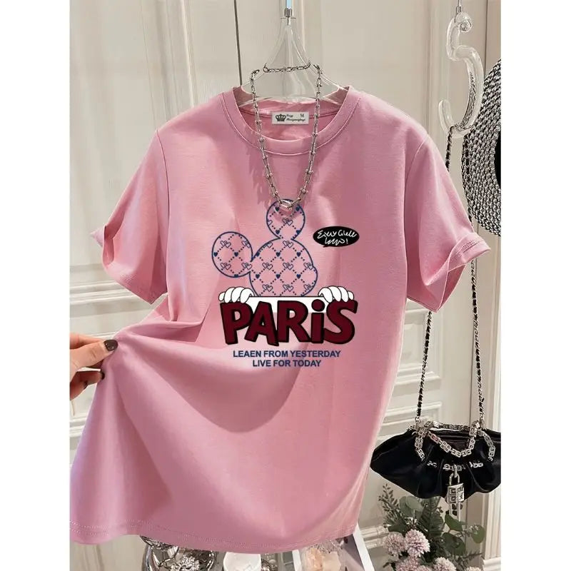 2025 Summer New Pure Cotton Short-sleeved T-shirt Women Loose Round Neck Cartoon Letter Mid-length Top