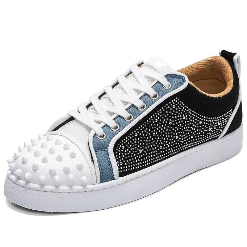 Fashion Men Casual Shoes Trend Rivet Crystal Punk Style Flat Skate Shoes Young Man Street Cool Loafers