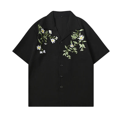 Dark Icon Embroidery Cool Material Men's Shirt Short Sleeve Hawaii Beach Shirts Black Beige