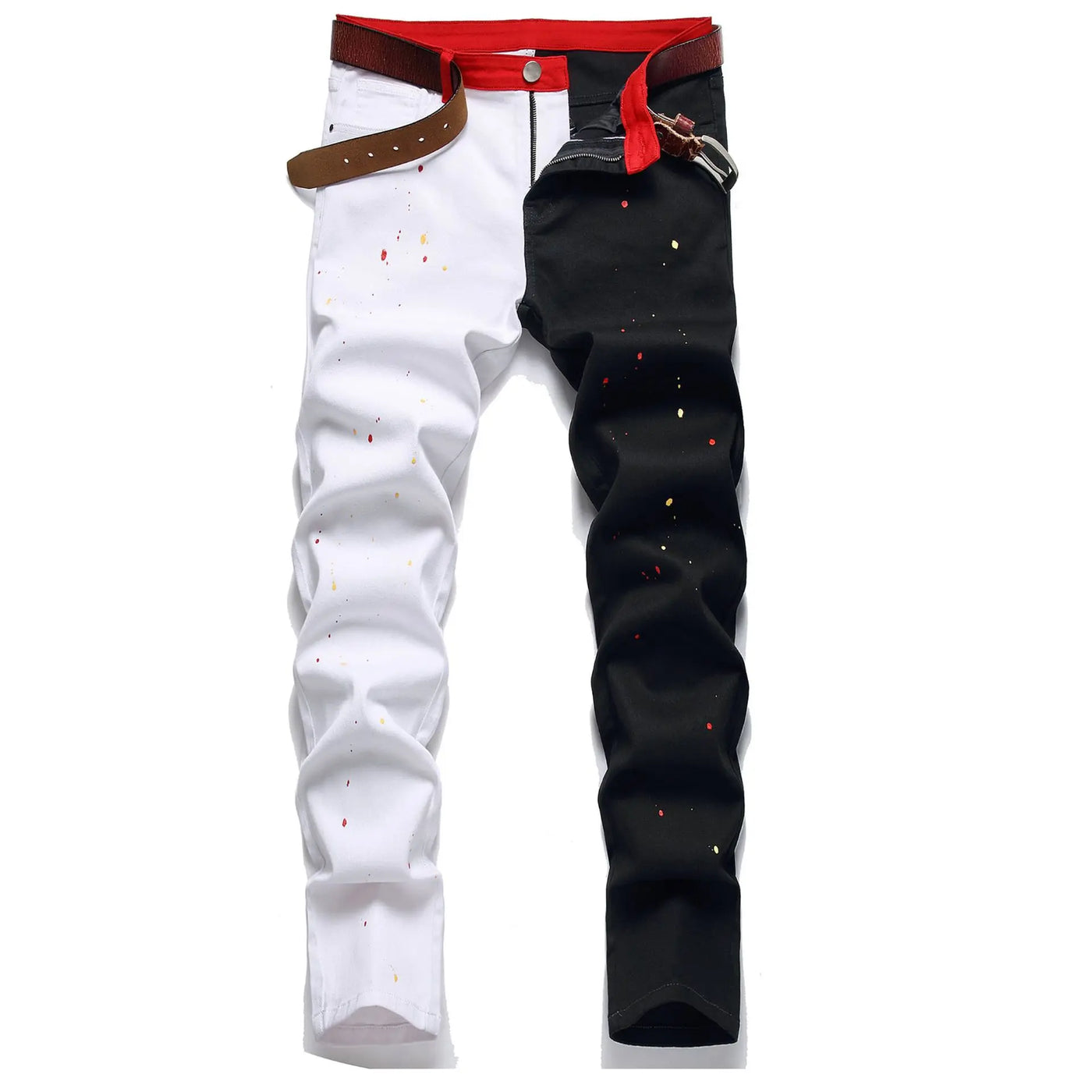 New Men 2022 American Style Fashion Stitching Two-color Yellow and Red Trend Stretch Jeans Male Trousers Denim Pants