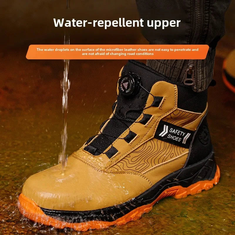 waterproof work shoes high man rotating button safety shoes anti-slip rubber outsole work boots sneakers with steel toe cap