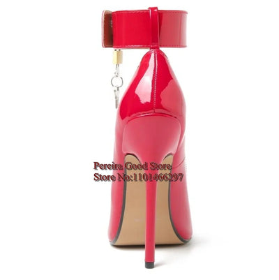 Modern Gold Lock Ankle Strap Women Pumps Red Black Patent Leather Round toe Thin Heels Evening Party Shoes Drop Shipping