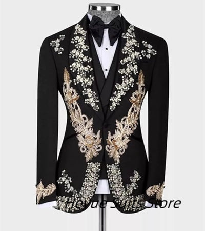 Luxury Applique Beads Men Suits Customized Groom Wedding Party Tuxedos 3 Pieces Sets Slim Fit Male Blazes Fashion Costumes Homme
