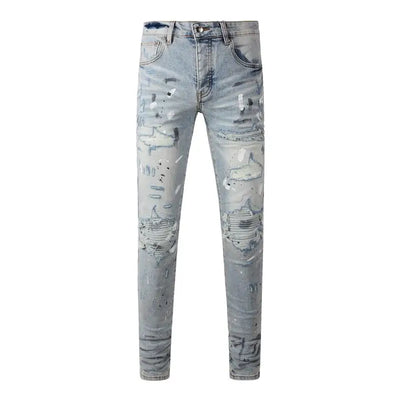 Fashion Top Quality Streetwear Distressed Men's Jeans  Vintage Low Rise Stretch Skinny Button Fly Ripped Hold Pants