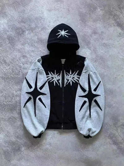Y2K Embroidered Design Loose Zipper Men's Hoodie Geometric Pattern  Women's Sportswear Gothic Street Wear Extra Large Casual Men