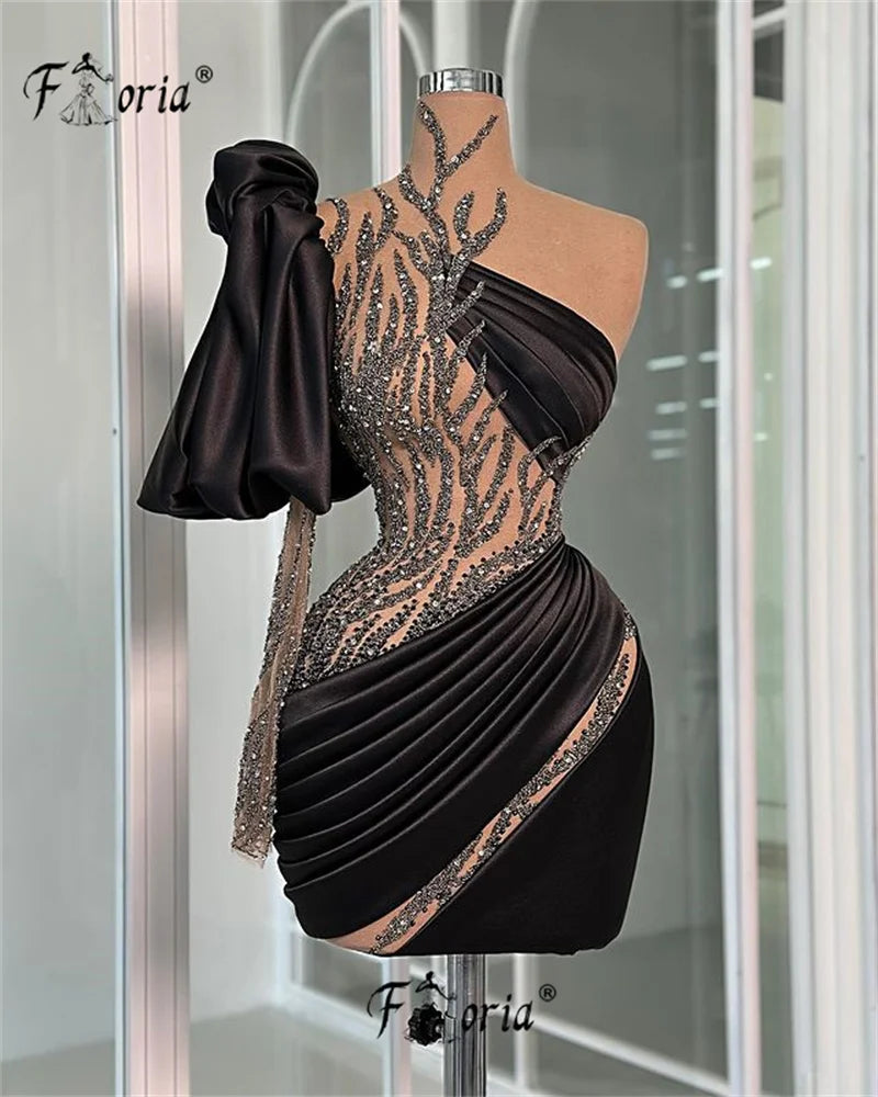 Arabic Black Crystal Sequin Cocktail Dress Sparkly Beads Short Graduation Homecoming Party Gown Custom Made vestidos de coquetel