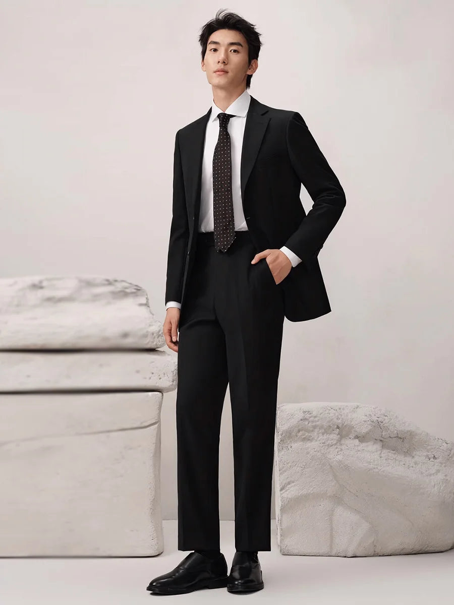100% Wool Luxury Black Mens Suits Set Casual Businessman Daily Wear Fashion Wedding Groom Formal Suit Blazer + Pant Slim Fit 54