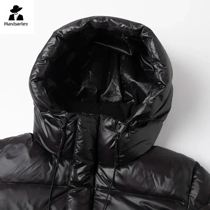 Black Glossy Down Jacket Men's Luxury Thicken Winter Hooded Long White Duck Down Jacket Women Windproof Rainproof Warm Outwear