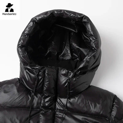 Black Glossy Down Jacket Men's Luxury Thicken Winter Hooded Long White Duck Down Jacket Women Windproof Rainproof Warm Outwear