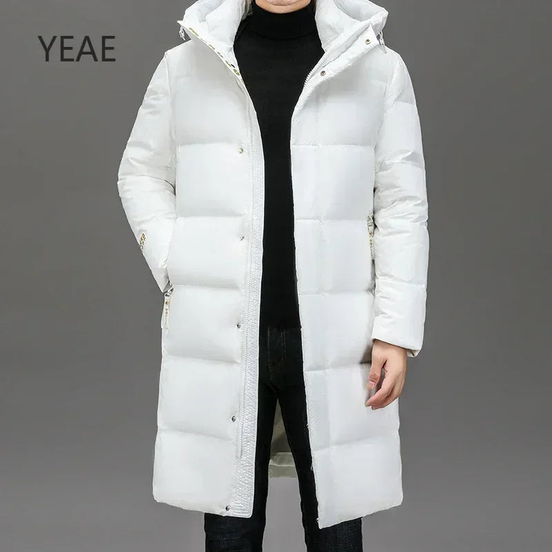 YEAE Winter New White Duck Down Thick Black Gold Down Jacket Men's Medium and Long High-end Leisure Warm Hooded Coat Clothing