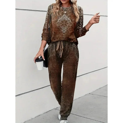 Spring Summer New Vintage Print Long Sleeve round Neck T-Shirt Set Wide Leg Pants Ethnic Style Fashionable Women's Outfit