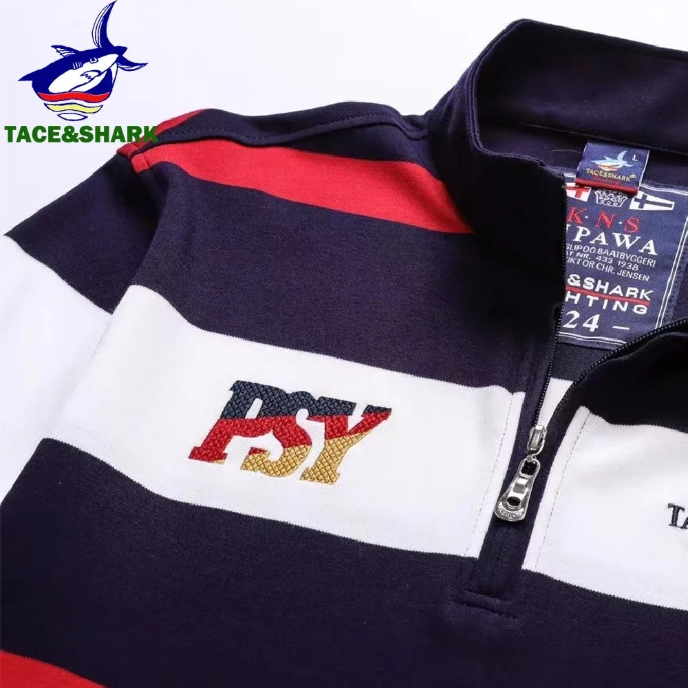 TACE&SHARK High Quality American British Royal Royal Sport Embroidered Stand Collar Polo Shirt Men's Long Sleeves Striped Tops