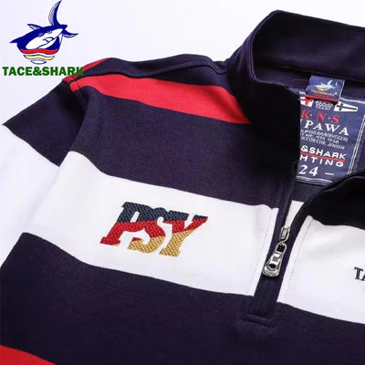 TACE&SHARK High Quality American British Royal Royal Sport Embroidered Stand Collar Polo Shirt Men's Long Sleeves Striped Tops