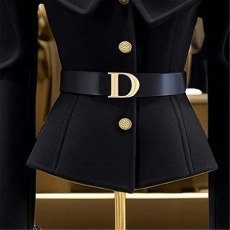 Limiguyue Black Short Jacket for Women Small Fragrance Letter Belt Coat High End Design Turn Down Collar Tops Autumn Winter 493P