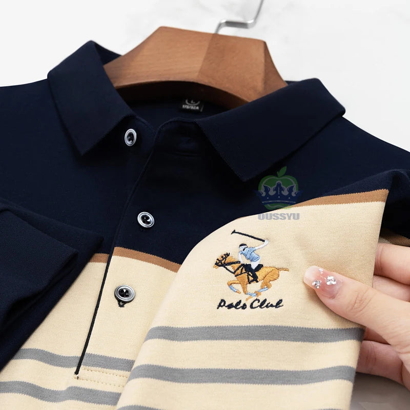 Luxury Embroidery Autumn Winter Men's Long-Sleeved Polo Shirt 100%Cotton Hip-Hop Harajuku Lapel Full-Sleeved polo Tops Male 3XL