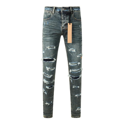 25fw High Street Men's Jeans Paint Hole Trend Low Rise Skinny Denim Pants Pleated Ripped Solid Trousers