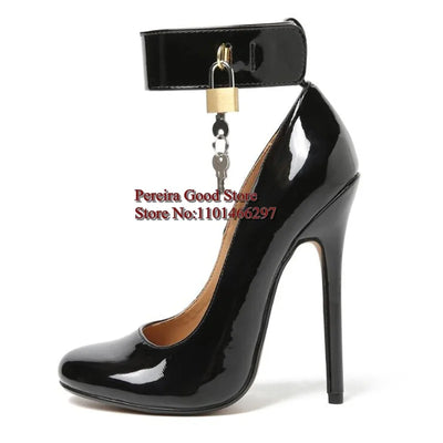 Modern Gold Lock Ankle Strap Women Pumps Red Black Patent Leather Round toe Thin Heels Evening Party Shoes Drop Shipping