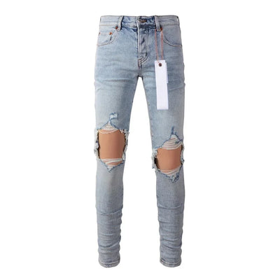 Fashion American Streetwear Distressed Vintage Men's Jeans Low Rise Stretch Skinny Button Fly Ripped Hold Pants
