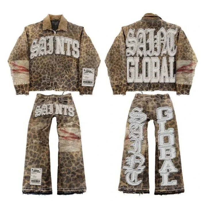 Mens Clothes Letter Embroidery Patchwork Rhinestone Y2k Two Piece Set Hip Hop Retro Zipper Denim Jacket Baggy Jeans Streetwear