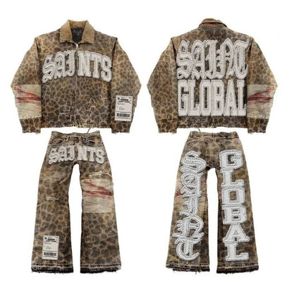 Mens Clothes Letter Embroidery Patchwork Rhinestone Y2k Two Piece Set Hip Hop Retro Zipper Denim Jacket Baggy Jeans Streetwear