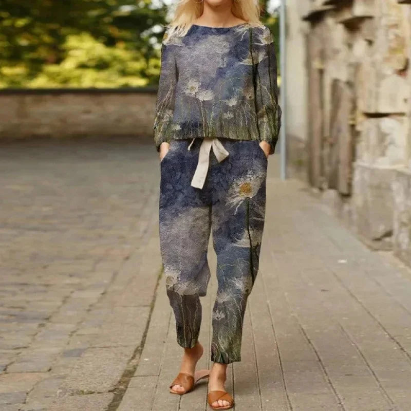 Spring Summer New Vintage Print Long Sleeve round Neck T-Shirt Set Wide Leg Pants Ethnic Style Fashionable Women's Outfit