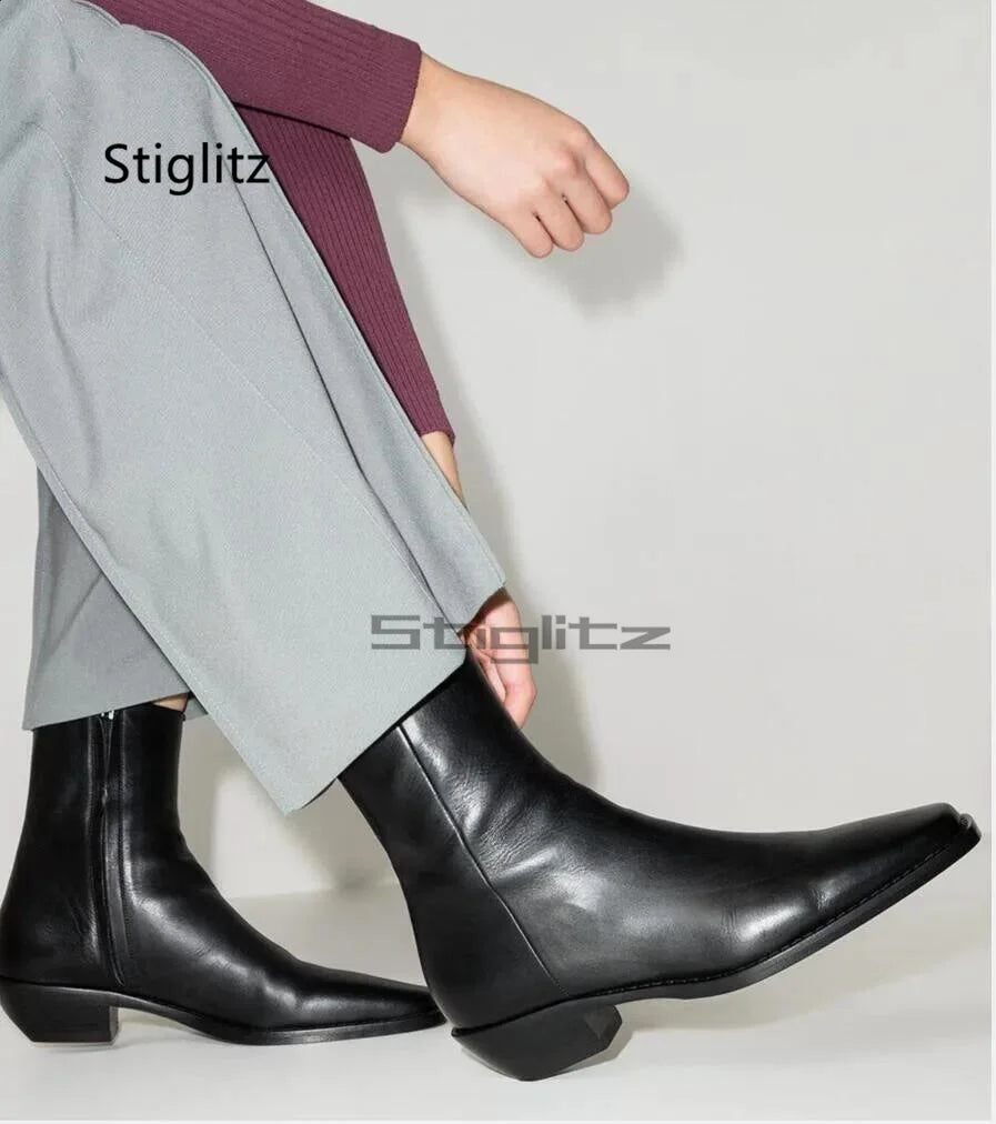 Men's Genuine Leather Ankle Boots Wine Red Black Side Zip Solid Handmade Chelsea Boots Wear Resistant Business Casual Shoes