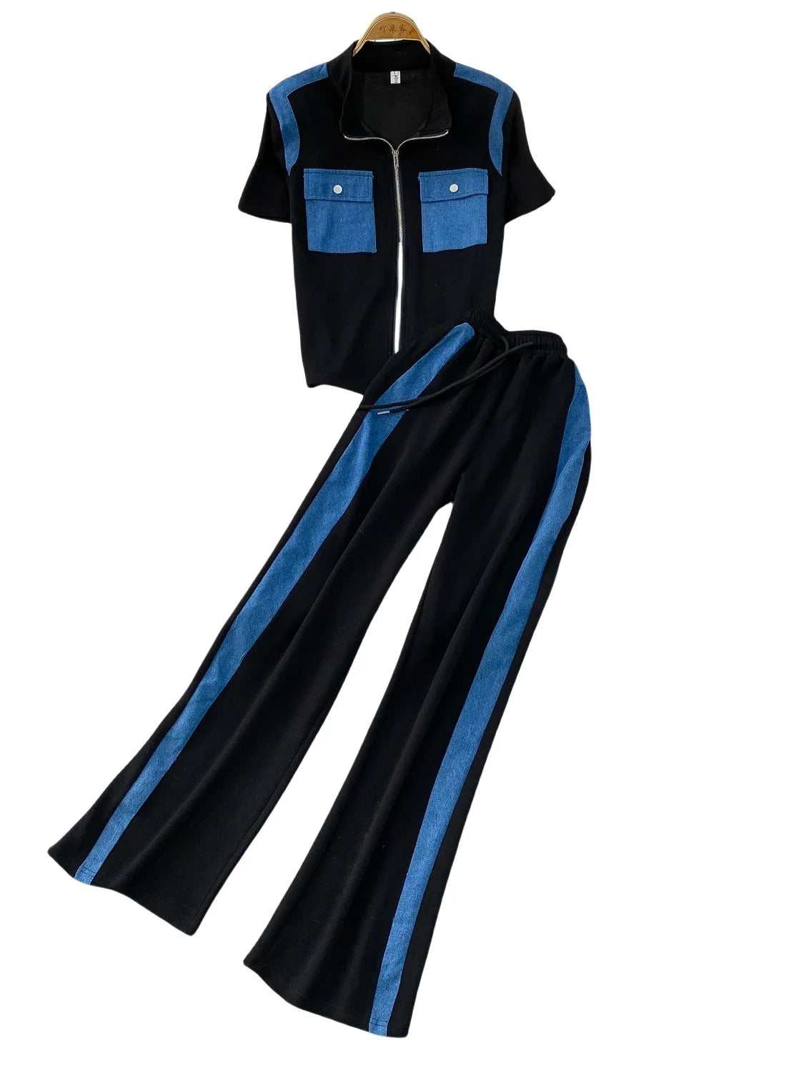 2025 New Casual Zipper Collar ort Sve Patchwork Denim T-irt Top High Waist Slim Wide Leg Pants Two Piece Set Women's F...