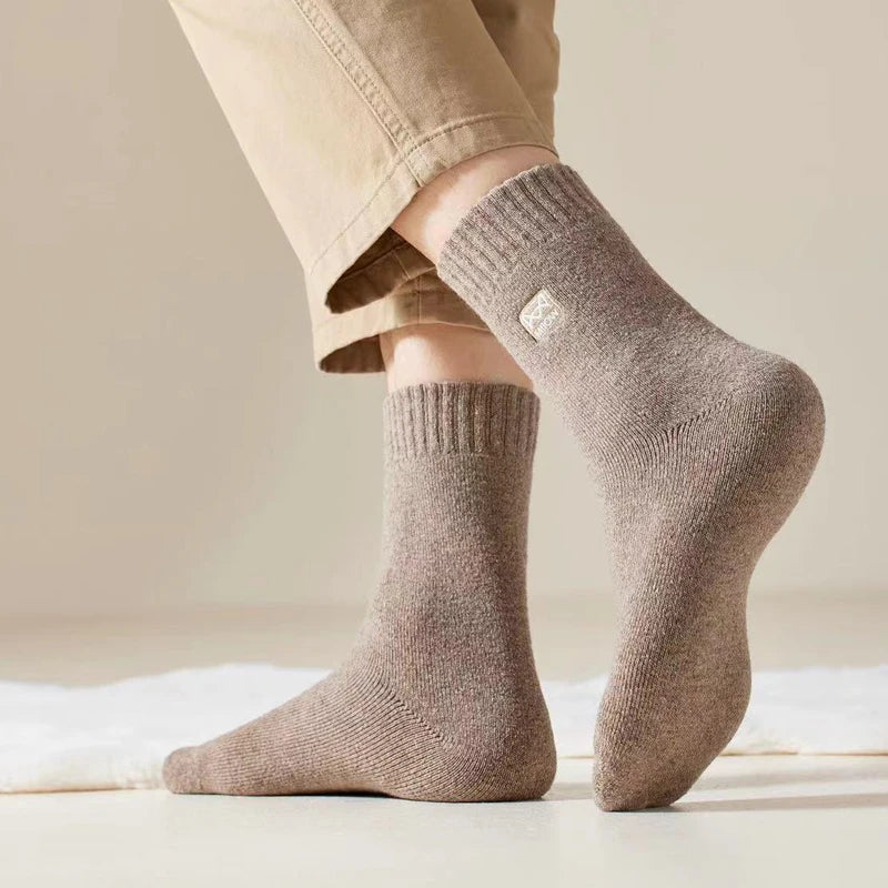 MiiOW Merino Wool Socks Men Winter Thicken Heated Sock Cold Resistant Cashmere Stocking Snow Boots Retro Brown Warm Towel Socks