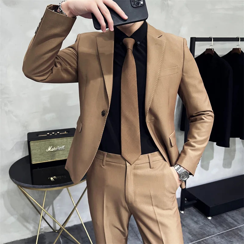 Men's Solid Color Formal Two-Piece Suit Fashion Business Casual Office Dress Wedding Party High-Quality Jacket And Pants Set