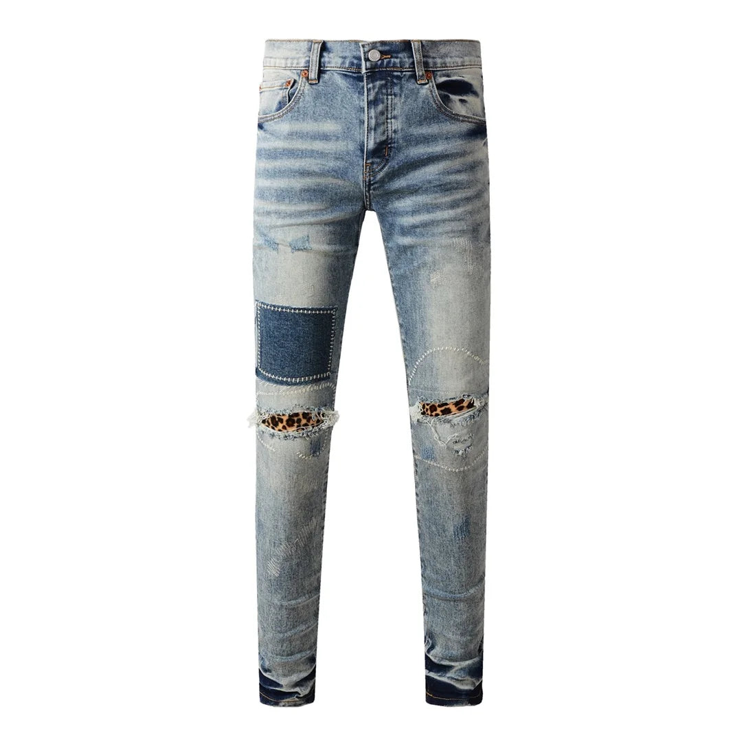 Americans  Retro High Street Men's Jeans New Trendy Low Rise Skinny Denim Pants Pleated Ripped Hold Trousers
