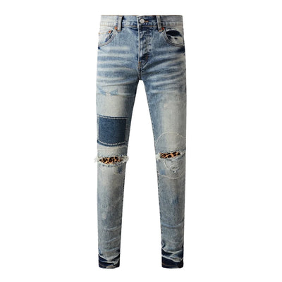 Americans  Retro High Street Men's Jeans New Trendy Low Rise Skinny Denim Pants Pleated Ripped Hold Trousers