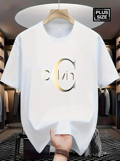 Men's summer 100% pure cotton fashionable casual sports loose Calvin letter pattern print round neck short sleeved T-shirt top
