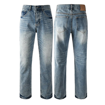 Men Straight jeans Fashion High Street Retro wash Rhinestones Retro Street Style Hip-hop Straight Trousers Streetwear Jeans