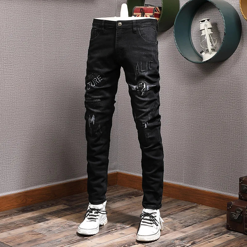 Embroidered printed black jeans for men, fashionable street style slim fit with small feet, trendy stretch denim pants