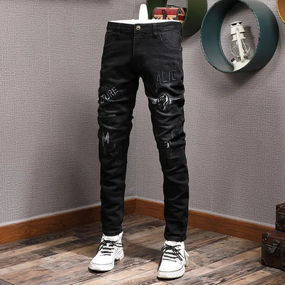 Embroidered printed black jeans for men, fashionable street style slim fit with small feet, trendy stretch denim pants