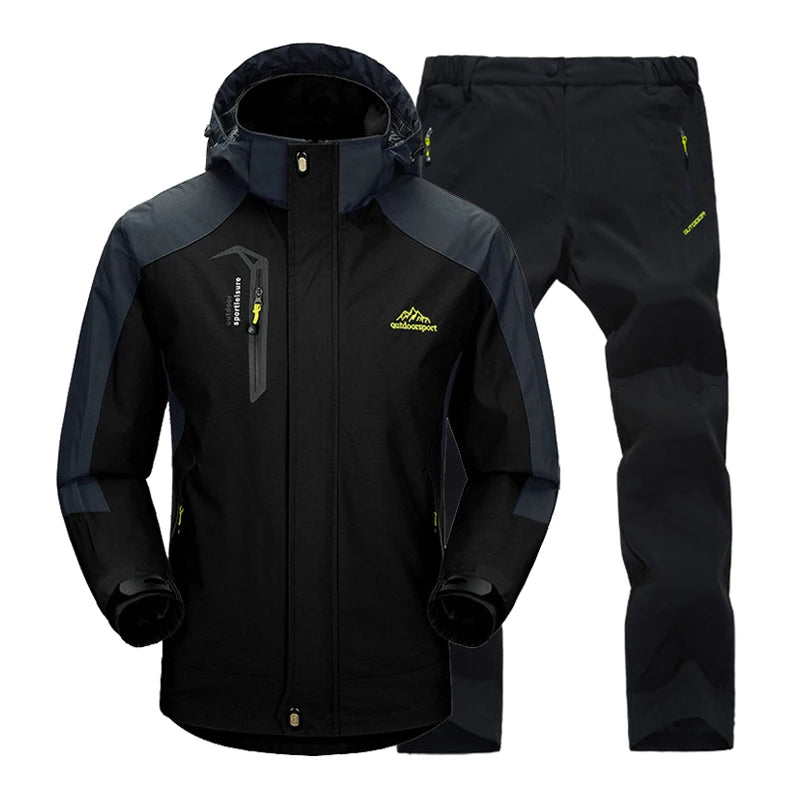 Outdoor Hiking Jacket and Pants Sets Men Autumn Thermal Waterproof Windproof Hooded Jackets Trip Mountain Camping Clothes